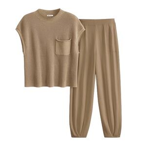 SOLD OUT - Boutique Knit Cotton & Linen Blend Tan Women's Two Piece Set | Size M